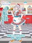  1girl :d ahoge alisa_mikhailovna_kujou apron bar_stool blue_eyes blurry blurry_background blush burger checkered_floor commentary_request food french_fries full_body grey_hair hand_on_own_hip hat highres holding holding_tray indoors kneehighs long_hair looking_at_viewer official_art open_mouth puffy_short_sleeves puffy_sleeves roller_skates second-party_source short_sleeves skates smile socks solo standing stool striped_clothes tokidoki_bosotto_roshia-go_de_dereru_tonari_no_alya-san tokidoki_bosotto_roshia-go_de_dereru_tonari_no_alya-san_puzzle_party! translation_request tray twintails waist_apron waitress white_apron white_socks 
