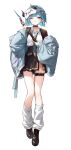  1girl absurdres belt black_choker black_shoes black_skirt blue_eyes blue_hair blue_jacket blue_necktie blush breasts choker cleavage collarbone commentary_request earrings eye_mask fake_horns full_body hat highres holding holding_staff holding_weapon horns jacket jewelry loafers long_sleeves looking_at_viewer loose_socks mask miniskirt necktie one_eye_closed open_clothes open_jacket original parted_lips pleated_skirt pointy_ears pupik sheath shirt shoes short_hair skirt socks solo staff standing thigh_strap weapon white_background white_shirt white_socks 