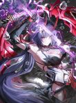  1girl absurdres black_dress black_gloves breasts cleavage commentary_request dress elbow_gloves electricity gagseol gloves highres honkai_(series) honkai_impact_3rd horns katana large_breasts long_hair looking_at_viewer purple_eyes purple_hair raiden_mei raiden_mei_(herrscher_of_thunder) red_horns solo sword very_long_hair weapon 