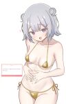  1girl :d alternate_costume bikini blush breasts cevio commentary_request double-parted_bangs double_bun gold_bikini grey_hair hair_bun hair_ornament hairclip hands_on_own_stomach heart highres koharu_rikka marshmallow_(site) medium_breasts micro_bikini navel open_mouth request_inset shiro_noe short_hair side-tie_bikini_bottom simple_background smile solo swimsuit translation_request triangle_bikini_top upturned_eyes white_background 