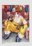  absurdres artbook baseball_cap boin breasts bucket gloves green_eyes happoubi_jin hat highres iihara_nao large_breasts looking_at_viewer naked_overalls overalls paint paint_can pink_hair shoes sneakers solo suspenders 