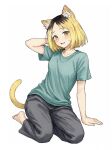  1girl animal_ear_fluff animal_ears aqua_shirt arm_support barefoot black_pants blonde_hair blush brown_eyes cat_ears cat_girl cat_tail collarbone commentary_request etsushimaru_yakuko highres kneeling looking_at_viewer multicolored_hair open_mouth pants roots_(hair) scratching_head shirt short_hair simple_background solo sweatdrop t-shirt tail vector_(pixiv_110339430) white_background yani_neko 