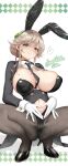  1girl ade_(agent_bunny)_(nikke) ade_(nikke) animal_ear_hairband animal_ears between_breasts black_choker black_jacket black_leotard black_necktie black_shoes blonde_hair braid braided_base breasts bun_with_braided_base cameltoe choker closed_mouth clothes_between_breasts clothing_cutout clover_hair_ornament clover_pin coattails comiket_108 commentary_request detached_collar earpiece fake_animal_ears fishnet_pantyhose fishnets four-leaf_clover_hair_ornament gloves goddess_of_victory:_nikke green_eyes hair_between_eyes hair_bun hair_intakes hair_ornament hairband heart heart-shaped_pupils high_heels highres jacket large_breasts leotard long_sleeves looking_at_viewer navel navel_cutout necktie necktie_between_breasts official_alternate_costume pantyhose playboy_bunny rabbit_ear_hairband rabbit_ears shibi shoes sidelocks signature smile solo spread_legs squatting swept_bangs symbol-shaped_pupils tailcoat twitter_username undersized_breast_cup unworn_eyewear white_wrist_cuffs wrist_cuffs 