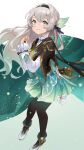  1girl aqua_skirt aqua_thighhighs black_hairband commentary cropped_jacket firefly_(honkai:_star_rail) gradient_eyes gradient_hair green_pupils green_thighhighs grey_hair grey_sailor_collar hair_between_eyes hair_intakes hair_ornament hairband highres honkai:_star_rail honkai_(series) jacket long_hair looking_at_viewer multicolored_eyes multicolored_hair sailor_collar skirt smile solo thighhighs two-tone_eyes zeradok 