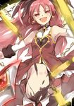  adapted_costume bad_id bad_pixiv_id chain earrings fang jewelry long_hair mahou_shoujo_madoka_magica open_mouth polearm red_eyes red_hair sakura_kyouko skirt smile solo umitsuki weapon 