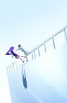  bandaged_head bandages building clear_sky commentary falling highres hospital hospital_gown hug mari_(headspace)_(omori) mari_(omori) omori open_mouth railing sky smile something_(omori) sunny_(hospital_gown)_(omori) sunny_(omori) waguwagu090908 