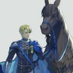  1boy absurdres animal arm_up armor belt belt_buckle bilingual_commentary black_pants black_shirt blonde_hair blue_belt blue_cape blue_eyes brown_eyes brown_horse buckle cape chest_belt commentary cowboy_shot curtained_hair dimitri_alexandre_blaiddyd english_commentary fire_emblem fire_emblem:_three_houses garreg_mach_monastery_uniform gauntlets grey_background highres holding holding_reins horse imageprogram_(kent) looking_to_the_side male_focus mixed-language_commentary pants parted_hair pauldrons reins school_uniform shirt short_hair shoulder_armor side_cape single_pauldron smile solo sword very_short_hair weapon 