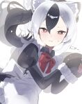  1girl alternate_costume animal_ears animal_hands apron black_hair black_horns blue_archive cat_ears cat_paws ememo hair_between_eyes highres horns kayoko_(blue_archive) long_hair looking_at_viewer maid maid_apron multicolored_hair nervous red_eyes simple_background solo sweatdrop two-tone_hair upper_body white_background white_hair 
