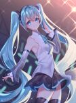  1girl aqua_eyes aqua_hair aqua_necktie aqua_trim black_skirt black_thighhighs blush breasts collared_shirt commentary_request detached_sleeves hair_between_eyes hair_ornament hand_up hatsune_miku hatsune_miku_(nt) layered_sleeves long_hair long_sleeves looking_at_viewer medium_breasts necktie official_alternate_costume piapro_studio pleated_skirt ribbon shirt skirt sleeveless sleeveless_shirt smile solo teeth thighhighs twintails umireki very_long_hair vocaloid white_shirt 