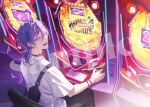  1boy :d black_choker black_nails black_pants blue_streaks chair choker commentary fanny_pack from_behind green_eyes hair_between_eyes indoors jewelry looking_at_viewer looking_back male_focus medium_hair multicolored_hair nail_polish nijisanji official_art ohayosayonara on_chair open_mouth pachinko pants ponytail purple_hair ring sakaki_ness sakaki_ness_(2nd_costume) sample_watermark shirt short_sleeves sidelighting sitting smile solo streaked_hair virtual_youtuber watermark white_shirt 