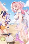  5girls absurdres bangboo_(zenless_zone_zero) beach belle_(summer_skies)_(zenless_zone_zero) belle_(zenless_zone_zero) blue_sky breasts bucket chinese_commentary commentary_request eous_(zenless_zone_zero) explosion highres holding holding_bucket iblod large_breasts long_hair looking_at_viewer low-tied_sidelocks luciana_de_montefio luciana_de_montefio_(princess_on_holiday) lucy's_crew_(zenless_zone_zero) medium_hair multiple_girls norma_hollowell official_alternate_costume one-piece_swimsuit orange_shoes pink_hair purple_eyes purple_hair remielle_dan remielle_dan_(seashade_pas_seul) shirt shoes short_hair sidelocks sky smile swimsuit very_long_hair vivian_banshee vivian_banshee_(iris_of_the_shore) white_one-piece_swimsuit white_shirt white_wings wings zenless_zone_zero 
