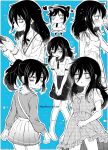  1girl alternate_costume animal_print bag bags_under_eyes black_border blue_background blush border bow_hairband breasts butterfly_print cardigan casual chibi cleavage collarbone collared_shirt commentary_request cup double_bun dress drinking fashion flower flying_sweatdrops frilled_dress frills from_behind furrowed_brow glass greyscale_with_colored_background hair_between_eyes hair_bun hairband half-closed_eyes heart highres holding holding_cup holding_own_dress knees_together_feet_apart kuroki_tomoko long_hair long_sleeves looking_at_viewer messy_hair multiple_costumes multiple_views neck_ribbon necktie no_pupils nose_blush outline peanut_mouth pinafore_dress plaid_clothes plaid_dress plaid_hairband pleated_skirt pokuron polka_dot polka_dot_background polka_dot_shirt polo_shirt ponytail puckered_lips puffy_short_sleeves puffy_sleeves ribbon school_uniform shirt shirt_tucked_in short_sleeves shoulder_bag sidelocks skirt sleeveless sleeveless_dress small_breasts socks star_(symbol) sundress sweat sweatdrop twitter_username v-shaped_eyebrows watashi_ga_motenai_no_wa_dou_kangaetemo_omaera_ga_warui! white_outline 
