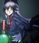  1girl ambiguous_red_liquid animal_ears black_background bow bowtie breasts commentary_request extra_ears fox_ears fox_girl fox_tail glasses gloves grey_hair highres jacket kemono_friends long_hair looking_at_viewer lowlandgorilla shirt silver_fox_(kemono_friends) simple_background skirt solo tail test_tube yellow_eyes 