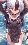  1girl arms_up bikini black_bikini black_choker black_hair blue_archive blush breasts choker collarbone commentary highres kayoko_(blue_archive) kayoko_(tsutaya)_(blue_archive) ks_(xephyrks) long_hair long_sleeves looking_at_viewer low_wings multicolored_hair official_alternate_costume outdoors paid_reward_available parted_lips red_eyes side-tie_bikini_bottom solo standing swimsuit thighs two-tone_hair water wet wet_clothes white_hair wings 
