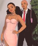  1boy 1girl bag black_hair black_jacket black_pants bracelet breasts collared_shirt dark-skinned_female dark-skinned_male dark_skin dress earrings facial_hair goatee hand_on_own_hip handbag highres jacket jesus_aponza jewelry lips looking_at_viewer necklace necktie open_clothes open_jacket original pants pink_bag pink_dress pink_hair red_necktie rosa_(jesus_aponza) shirt short_hair side_slit sleeveless sleeveless_dress small_breasts thick_lips white_nails white_shirt 