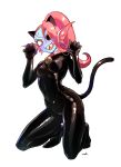  1girl absurdres animal_ears bell black_bodysuit bodysuit breasts cat_ears cat_tail covered_navel covered_nipples eyepatch fake_animal_ears fins head_fins highres kneeling long_hair noah_(tettsui-sole) open_mouth pink_hair ponytail sharp_teeth signature skin_tight solo sweat tail teeth undertale undyne utdr_(toby_fox) white_background 