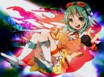  bad_id bad_pixiv_id boots dated goggles goggles_on_head green_eyes green_hair gumi happy_birthday looking_at_viewer mari03mo microphone open_mouth parody pinky_out short_hair skirt smile solo v vocaloid 
