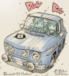  2girls blue_car car commentary dated driving fang grey_background kogure_yuzuha long_hair looking_at_another low_twintails mima_nonoka motion_lines motor_vehicle multiple_girls open_mouth race_vehicle racecar radio_antenna rally_car renault renault_r8_gordini sekihan short_hair short_twintails signature simple_background skin_fang smile sound_effects twintails vehicle_focus vehicle_name zesshaka!_shiritsu_yotsuwa_joshi_gakuin_zetsumetsu_kigu-sha_gakka 