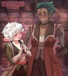  2girls animal_ear_piercing animal_ears arm_armor belt blurry blurry_background blush brown_coat brown_eyes brown_gloves choker closed_eyes coat collarbone commentary dark-skinned_female dark_skin deviantart_username english_commentary eyelashes facial_mark fingerless_gloves fiona_thyme_(rwby) gloves green_choker green_hair hand_on_another's_shoulder height_difference instagram_username joanna_greenleaf long_sleeves multiple_girls open_clothes open_coat open_mouth orange_belt own_hands_together rwby schrwby sheep_ears sheep_girl short_hair smile tan tumblr_username twitter_username very_short_hair white_hair yuri 