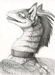  collar dragon furred_dragon hibbary monochrome portrait smile solo striped stripes wings 