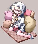  animal_print bell box braid cow_bell cow_hood cow_print exice-zero gift gift_box highres hood kugelschreiber long_hair looking_at_viewer original pillow red_eyes slippers smile solo 
