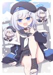  1girl :d beret black_boots black_hat black_jacket black_nails black_sailor_collar black_serafuku black_shirt black_skirt blue_archive blue_eyes boots chibi commentary_request grey_hair hair_ornament hairclip halo harada_(sansei_rain) hat high_heel_boots high_heels highres jacket knee_up long_sleeves multiple_views nail_polish neckerchief off_shoulder open-toe_boots open_clothes open_jacket pleated_skirt puffy_long_sleeves puffy_sleeves sailor_collar school_uniform serafuku shirt sitting skirt sleeveless sleeveless_shirt smile sumika_(blue_archive) sweat teardrop toenail_polish toenails turn_pale wavy_eyes white_neckerchief wide-eyed 