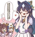  3girls animal_ears beret blue_eyes blue_hair blue_ribbon blush bow bowtie breasts brown_hair cheval_grand_(umamusume) closed_eyes commentary_request ear_covers ears_through_headwear hair_between_eyes hands_on_own_cheeks hands_on_own_face hat hat_belt heart highres horse_ears horse_girl horse_tail long_hair mole mole_under_eye multicolored_hair multiple_girls open_mouth pacifier peaked_cap pleated_skirt purple_bow purple_bowtie purple_shirt rakugakiraid ribbon sailor_collar sailor_shirt school_uniform shirt single_ear_cover skirt smile speech_bubble streaked_hair summer_uniform sweat tail tracen_school_uniform translation_request twintails umamusume v_sisters verxina_(umamusume) vivlos_(umamusume) white_hair white_hat white_sailor_collar white_skirt 