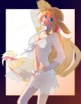  1girl agnes_claudel blonde_hair blue_eyes braid braided_base braided_bun breasts cleavage commentary_request eiyuu_densetsu hair_bun hat highres kuro_no_kiseki_(series) kuro_no_kiseki_i long_hair looking_at_viewer low-tied_long_hair open_mouth rai_5555_ruuri simple_background solo straw_hat swimsuit 