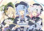  3girls :d ;d ^_^ beret bird_hat_ornament birthday black_bow black_bowtie black_capelet black_choker black_coat black_flower black_hat black_rose blonde_hair blue_hair blue_necktie bonnet bow bow_flower bowtie braid braided_hair_rings cake capelet choker closed_eyes coat collared_coat collared_shirt commentary_request confetti deerstalker dress fang feather_fan flower flower-trimmed_sleeves food frilled_capelet frilled_dress frilled_sleeves frills gradient_hair green_bonnet green_eyes grey_vest hair_bow hair_flower hair_ornament hair_rings hand_fan hat hat_bow hat_flower hat_ribbon highres holding holding_fan holding_plate lolita_fashion long_hair long_sleeves mahou_shoujo_no_majo_saiban multicolored_hair multiple_girls neck_ribbon necktie one_eye_closed pink_hair plate ribbon rose sakuraba_ema shirt short_hair shrimkii sleeveless sleeveless_coat smile tachibana_sherry tono_hanna twintails vest white_flower white_hair white_ribbon white_rose white_shirt white_sleeves wide_sleeves winged_hat x_hair_ornament yellow_eyes yellow_flower yellow_rose 