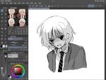  1boy angry art_program_in_frame blood blood_from_eyes cardigan commentary dress_shirt greyscale halftone highres luoxingkong monochrome necktie reference_inset saihate_eki shirt short_hair tatsunami_shion untranslatable_commentary 