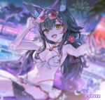 1girl animal_ear_fluff animal_ears bikini black_hair breasts commentary_request drink holding holding_drink hololive looking_at_viewer medium_breasts nenecrepe official_alternate_costume official_art ookami_mio open_mouth red-framed_eyewear red_hair sample_watermark swimsuit tail twintails virtual_youtuber watermark wolf_ears wolf_girl wolf_tail yellow_eyes 