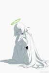  1girl arrow_(symbol) blue_eyes chinese_commentary commentary_request false_memory fang_tang_(false_memory) greyscale highres long_hair long_sleeves looking_at_viewer monochrome recycling_symbol simple_background skirt solo spot_color watermark weibo_username weibo_watermark white_background white_hair white_skirt yya0ann 