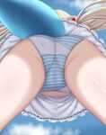  1girl absurdres ass azunyart blonde_hair blue_sky cameltoe commentary english_commentary fins fish_girl fish_tail from_below highres indie_virtual_youtuber lifebuoy_hair_ornament long_hair mtu_virus multiple_views panties sameko_saba sameko_saba_(1st_costume) shiny_skin skirt sky solo standing tail thighs twintails underwear upskirt virtual_youtuber white_skirt 