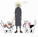  ... 1girl 2boys absurdres animalization bai_zhong_(false_memory) blonde_hair chinese_commentary collar commentary_request crosshair crosshair_halo dark-skinned_male dark_skin false_memory halo highres hui_huo_(false_memory) jacket jewelry long_hair long_sleeves multiple_boys necklace pants pink_hair ponytail ran_deng_(false_memory) red_hair shoes simple_background speech_bubble spiked_collar spikes watermark weibo_username weibo_watermark white_background yya0ann 