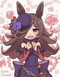  1girl animal_ears artist_name back_bow blue_flower blue_hat blue_rose blush_stickers bow brown_hair commentary_request dress flower hair_over_one_eye hands_up hat hat_flower highres horse_ears horse_girl long_hair long_sleeves looking_at_viewer off-shoulder_dress off_shoulder open_mouth purple_bow purple_dress red_eyes rice_shower_(rosy_dreams)_(umamusume) rice_shower_(umamusume) rose solo tilted_headwear umamusume upper_body uzumaki_osushi white_background 