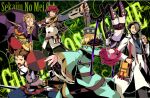  1girl 5boys aqua_robe bag belt belt_pouch blonde_hair blue_pants boots bow_(weapon) brown_belt brown_boots brown_hair brown_shorts coat commentary_request copyright_name dancer_(sekaiju) dancer_1_(sekaiju) elbow_gloves gloves green_pants grey_hair grey_pants grin hair_between_eyes hair_over_one_eye hand_up holding holding_bow_(weapon) holding_shield holding_sword holding_test_tube holding_weapon l_(matador) long_hair looking_at_viewer medic_(sekaiju_4) medic_1_(sekaiju_4) mouth_hold multiple_boys night_seeker_(sekaiju) night_seeker_2_(sekaiju) one_eye_covered outline pants partially_fingerless_gloves pink_hair pouch profile red_belt red_eyes red_pants robe rune_master_(sekaiju) rune_master_1_(sekaiju) scabbard sekaiju_no_meikyuu sekaiju_no_meikyuu_4 sheath shield short_hair shorts single_glove smile sniper_(sekaiju) sniper_3_(sekaiju) sword swordsman_(sekaiju_4) swordsman_1_(sekaiju_4) test_tube thigh_boots upside-down weapon white_coat white_gloves white_outline wide_sleeves yellow_bag 