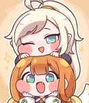  ahoge black_jacket black_sleeves blonde_hair blue_eyes braid brown_shirt canna_(trickcal) cheek_press coat commentary_request detached_wings dirty dirty_clothes fang fewer_digits head_on_head head_rest highres jacket kyarot_(trickcal) long_hair one_eye_closed open_mouth orange_background orange_hair pointy_ears ponytail shirt suwa_yasai trickcal twin_braids white_coat wings 