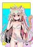  1girl animal_ear_fluff animal_ears arcueid_brunestud blonde_hair blush breasts cat_ears cat_girl cat_tail collarbone commentary_request completely_nude convenient_censoring dress eco-arc exploding_clothes highres kemonomimi_mode long_hair navel nipples nude paw_pose red_eyes single_hair_intake slit_pupils small_breasts solo tail thighs torn_clothes torn_dress tsukihime tsukihime_(remake) twinhip white_dress 
