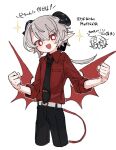  2boys :d angel_and_devil belt black_horns black_necktie black_pants brothers collared_shirt commentary doodle_inset dress_shirt grey_hair horns low_ponytail low_wings multiple_boys nagisa_(osakanadream) necktie original osakanadream pants pointy_ears ponytail red_shirt red_wings ruka_(osakanadream) shirt siblings smile untranslatable_commentary v-shaped_eyebrows white_belt wings 