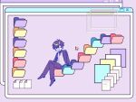  1boy :d antenna_hair collared_shirt commentary cursor dress_shirt esse_series eyepatch fang folder formal_clothes full_body hand_rest highres hyoutenka_30-do_no_zetsubou jacket jacket_on_shoulders lapels male_focus menimo_34 necktie pants purple_hair purple_jacket purple_pants purple_shirt purple_shoes purple_suit shirt shoes sitting smile solo suit untranslatable_commentary window_(computing) xx_(esse_series) 