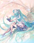  1girl absurdres agyou_sonokou_l aqua_hair aqua_nails aqua_necktie aqua_trim arm_tattoo armpit_crease bare_shoulders black_skirt blush branch closed_eyes collared_shirt commentary_request falling_petals fingernails full_body hair_between_eyes hair_ornament hatsune_miku headset highres long_hair long_sleeves miku_day miniskirt nail_polish necktie number_tattoo petals pink_petals pleated_skirt ribbon shirt sitting sitting_on_branch skirt sleeveless sleeveless_shirt solo tattoo tree twintails very_long_hair vocaloid 
