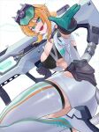 1girl absurdres bandaid bandaid_on_cheek bandaid_on_face black_gloves black_sports_bra blonde_hair blue_eyes boots breasts cleavage commentary_request fangs gloves goddess_of_victory:_nikke gun hair_between_eyes highres holding holding_gun holding_weapon jacket large_breasts looking_at_viewer maxwell_(nikke) maxwell_(ordinary_mechanic)_(nikke) official_alternate_costume open_clothes open_jacket open_mouth short_hair sidelocks sleeveless smile solo sports_bra teeth thigh_boots weapon wg. white_boots white_jacket 
