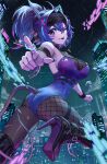 1girl absurdres bandaid bandaid_on_face bandaid_on_nose blue_eyes blue_hair bodystocking boots breasts broken broken_chain chain cityscape hair_intakes hair_ornament high_heel_boots high_heels highres indie_virtual_youtuber leotard looking_at_viewer medium_breasts melody_(projektmelody) multicolored_hair one_eye_closed pointing ponytail purple_hair purple_leotard see-through_cleavage see-through_clothes single_fishnet_legwear solo tail thighs tongue tongue_out virtual_youtuber x_hair_ornament yjyj_2045 