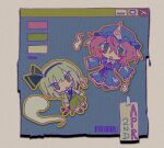  2girls 670uu barcode black_bow black_bowtie black_hairband blue_hat blue_kimono blush_stickers bow bowtie chibi chibi_only collared_shirt commentary english_commentary frilled_kimono frills full_body green_eyes green_skirt green_vest grey_hair hairband hat hitodama japanese_clothes kimono konpaku_youmu konpaku_youmu_(ghost) long_sleeves mob_cap multiple_girls open_mouth orange_outline outline outstretched_arms pink_eyes pink_hair print_kimono saigyouji_yuyuko sheath sheathed shirt skirt skirt_set sleeve_garter spread_arms sword sword_on_back touhou triangular_headpiece vest weapon weapon_on_back white_shirt wide_sleeves yellow_outline 