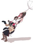  3girls :3 animal_ear_fluff animal_ears black_hair black_shoes black_skirt blown_away boots brown_boots brown_hair cardigan commentary_request derivative_work highres holding holding_umbrella hololive inverted_umbrella momosu102 multiple_girls ookami_mio ookami_mio_(street) oozora_subaru oozora_subaru_(police) open_cardigan open_clothes red_hair sakura_miko sakura_miko_(12th_costume) shoes simple_background skirt umbrella virtual_youtuber white_background wind wind_lift wolf_ears wolf_girl 