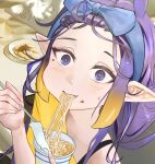  1girl :t blue_hairband blush bra_strap chopsticks commentary eating english_commentary food food_in_mouth food_on_face from_above gradient_hair hairband highres holding holding_chopsticks hololive hololive_english instant_cup_noodles instant_noodles instant_ramen looking_at_viewer mole mole_under_eye multicolored_hair ninomae_ina'nis noodles off-shoulder_shirt off_shoulder orange_hair pointy_ears purple_eyes purple_hair ramen shirt solo sweat tentacle_hair vinoillust virtual_youtuber yellow_shirt 
