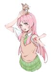  2girls a3 absurdres animal animal_on_head animal_with_hair animalization bang_dream! bang_dream!_it's_mygo!!!!! brown_sweater_vest chihaya_anon commentary fang fox green_necktie green_skirt grey_eyes highres long_hair multiple_girls nagasaki_soyo necktie on_head open_mouth pink_hair plaid_clothes plaid_skirt pleated_skirt shirt short_sleeves simple_background skirt sweater_vest undersized_animal v white_background white_shirt 