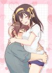  1boy 1girl absurdres aged_up alternate_hair_length_(longer) between_breasts blue_shorts breasts brown_eyes brown_hair closed_eyes commentary_request couple grey_shirt hairband head_between_breasts heart hetero highres hug kyon medium_hair open_mouth shirt short_hair short_sleeves shorts standing suzumiya_haruhi suzumiya_haruhi_no_yuuutsu t-shirt taiki_(6240taiki) thighs tongue white_shirt 