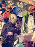  absurdres ai_the_somnium_files aiba_(ai_the_somnium_files) black_jacket boss_(ai_the_somnium_files) cake cake_slice date_kaname desk english_text food fork glasses gloves happy_birthday highres jacket okiura_mizuki pewter_(ai_the_somnium_files) poster_(object) pumpkin purple_gloves quans216 white_jacket 