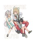  3girls absurdres animal_ear_fluff animal_ears bandaid bandaid_on_knee bandaid_on_leg black_hair black_shoes black_vest blonde_hair blue_eyes can checkered_clothes checkered_dress commentary_request dog_ears dog_girl dog_tail dress drink_can english_text full_body green_dress grey_hair grey_shirt grey_shoes grey_socks highres holding holding_can kmnz lita_(kmnz) long_hair looking_at_viewer medium_hair multicolored_hair multiple_girls nero_(kmnz) open_clothes open_vest pants purple_eyes red_pants shirt shoes simple_background sitting sleeveless sleeveless_dress socks t-shirt tail tina_(kmnz) torn_clothes torn_pants two-tone_hair two_side_up vest virtual_youtuber white_background white_shirt yang_yu_sanjiao 